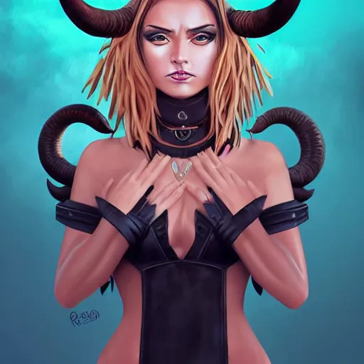 Image similar to illustrated realistic portrait of ram-horned devil woman with blue bob hairstyle and her tan colored skin and with solid black eyes wearing leather by rossdraws