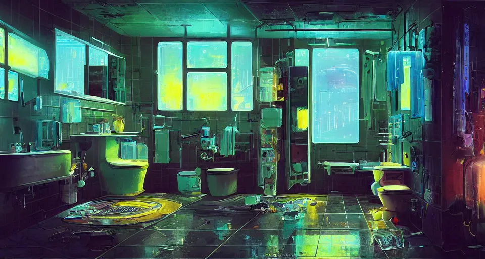 Image similar to IKEA catalogue photo of a cyberpunk bathroom, by Paul Lehr, 8k, HD, realistic, cinematic, artstation, details