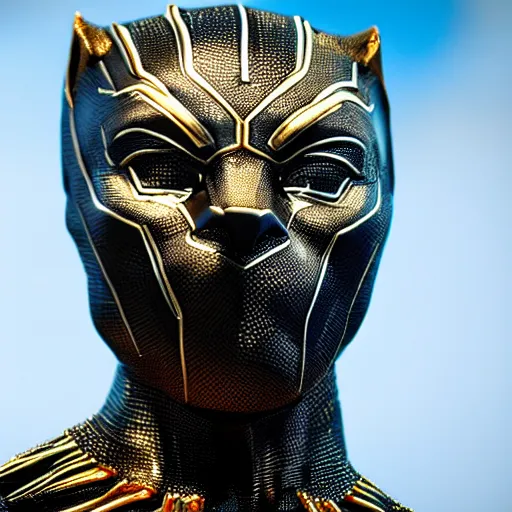 Image similar to a close up photo of a detailed golden statue of Black Panther, 8K,