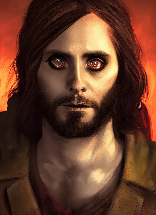 Image similar to A fantasy comic book style portrait painting of Jared Leto as a vampire race in a atmospheric dark fortress, unreal 5, DAZ, hyperrealistic, octane render, RPG portrait, ambient light, dynamic lighting