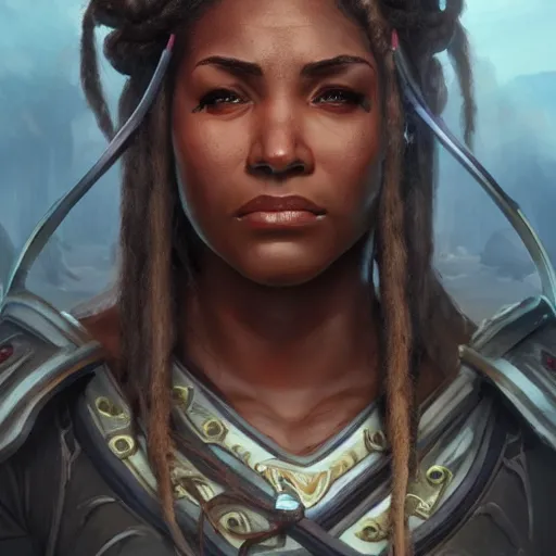 Image similar to a strong, dark-skinned female archer with dreadlocks, carrying the head of an orc, D&D, highly detailed, digital painting, artstation, concept art, sharp focus, illustration, cinematic lighting, art by artgerm and greg rutkowski and alphonse mucha