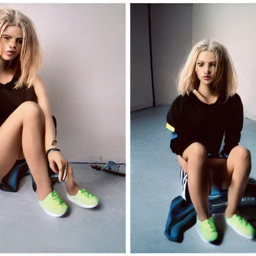 Image similar to realistic photoshooting for a new adidas lookbook, color film photography, portrait of a beautiful blonde woman, in style of Nadine Ijewere, 35mm, film photo