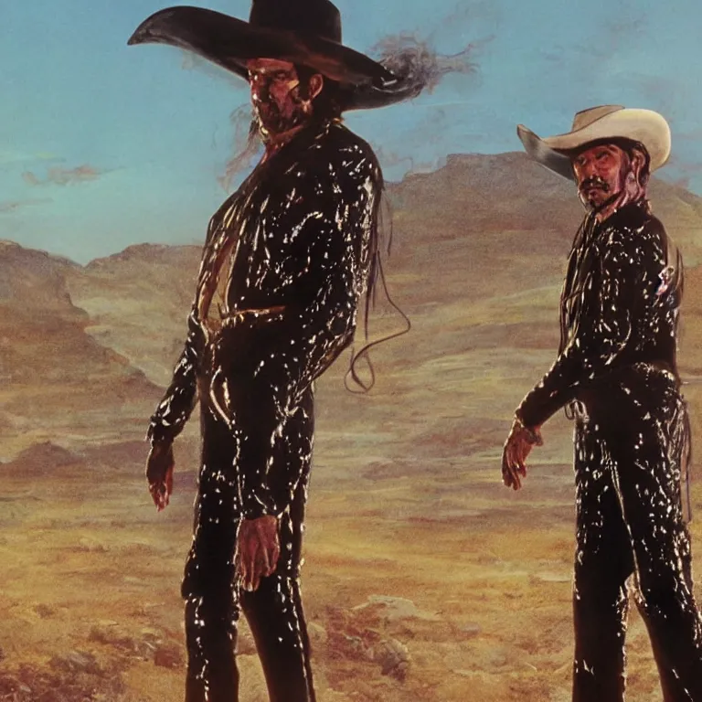 Image similar to 1 9 7 0's spaghetti western film octane render portrait by wayne barlow and carlo crivelli and glenn fabry, a man wearing a shiny black latex suit and cowboy hat covered in colorful slime, standing in a scenic western landscape, cinema 4 d, ray traced lighting, very short depth of field, bokeh