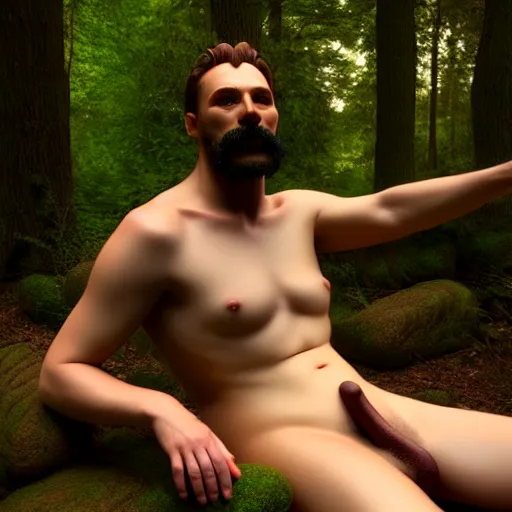 Prompt: hyperrealistic portrait of ecstatic horned god pan in a forest, tom of finland, bouguereau, octane render, 3 d