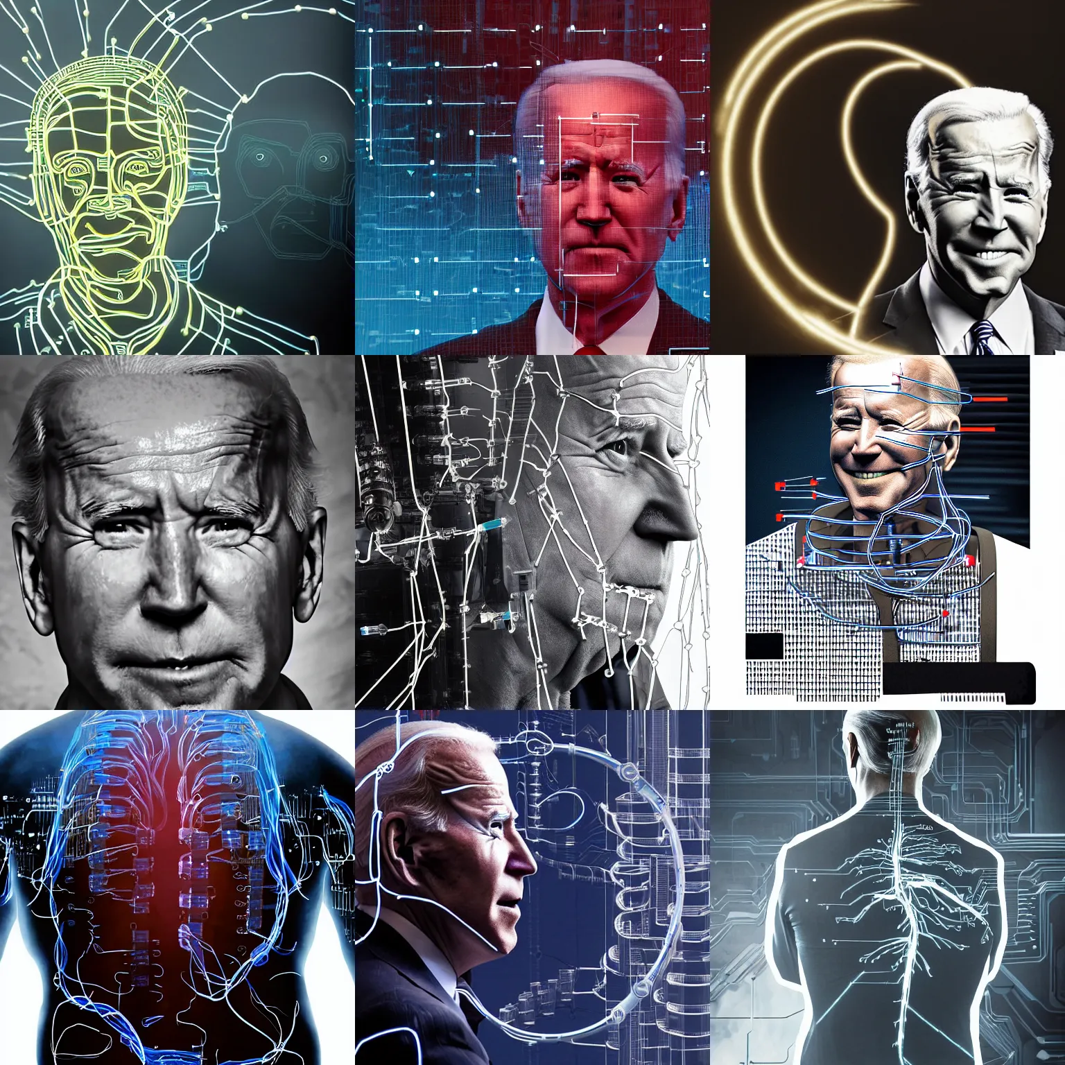 Prompt: joe biden cyborg with tubes connected to his back, double exposure, editorial image