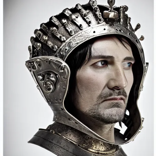 Image similar to richard iv the roman king photo, real human, soft studio lighting, 6 0 mm lens in full armor, cashmere hairs, crown highlights