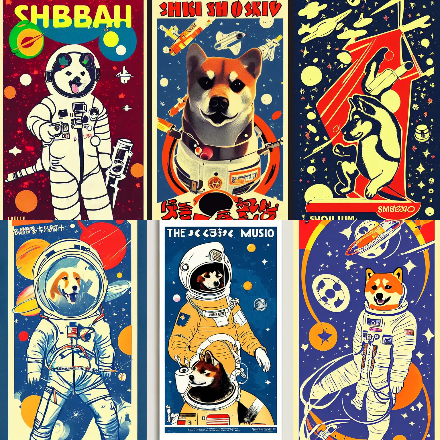 Image similar to Shiba Inu cosmonaut, 60s poster, in the style of a music poster 1968