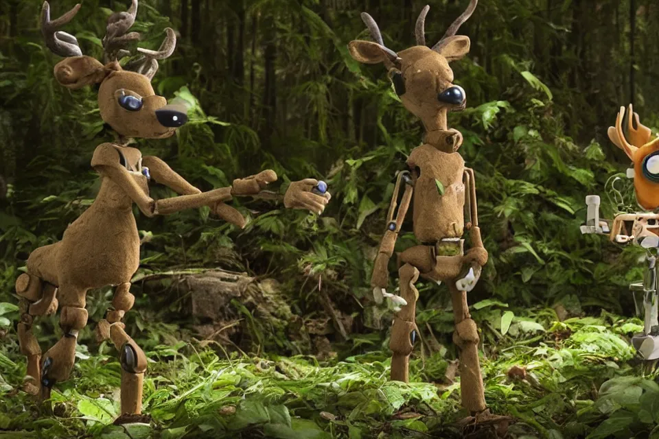 Image similar to a breathtaking claymation film still of a deer and a robot in the forest. claymation by bruce bickford