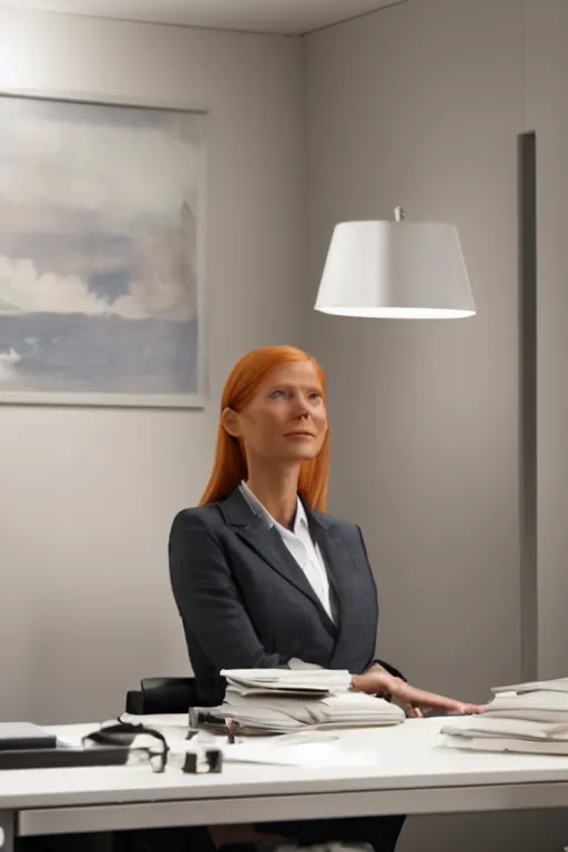 Image similar to pepper potts, ceo of stark industries, sinks into her chair, desolate, her once - spotless office now covered in dust. she sobs. screenshot from the mcu, ambient lighting, 8 k, as played by gwyneth paltrow