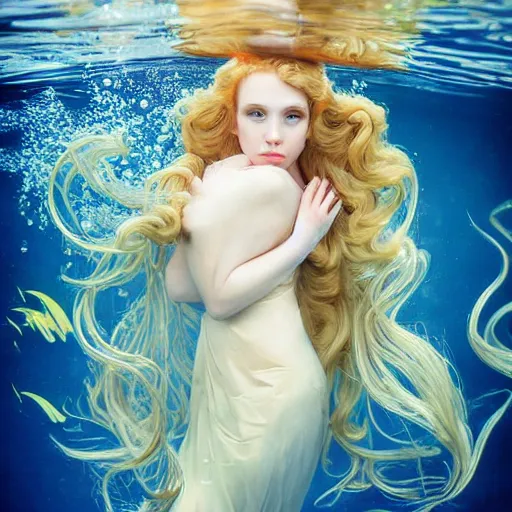 Image similar to underwater , a stunning beautiful rococo-era girl with blonde long hair and pale skin, abundant detail, fish , long dress character photography art