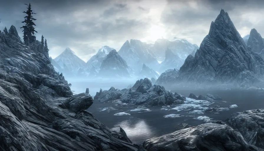 Prompt: skyrim throat of the world mountain in the distance, skyrim, elder scrolls, landscape photography, professional photography, 8k realism, hyper realism, wide shot