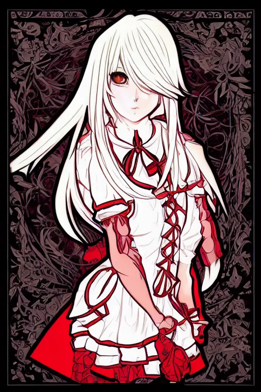 Prompt: Anime girl with chin length white hair, wearing red gothic lolita clothing, trending on Instagram, digital drawing, colored manga panel, art by Alphonse Mucha