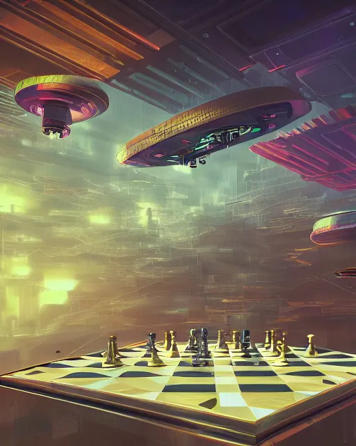 Image similar to chessboard scientist, scifi, abstract environment, detailed, flying drones, futuristic palace, full of color, perfect, cold light, 8 k high detail, masterpiece, trending on artstation