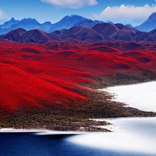 Prompt: a realistic photograph of an island above sea level with giant white mountains with red peaks and deep dark blue valleys and dark blue rives