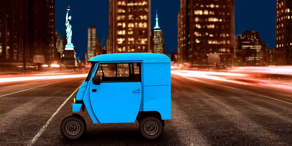 Image similar to an open frame blue tuk tuk going through a desolate manhattan city street at night, statue of liberty seen in the background, realistic 4 k octane beautifully detailed render, 4 k post - processing, highly detailed, detailed face, intricate complexity, epic composition, magical atmosphere, cinematic lighting, masterpiece, color picture, ultra hd