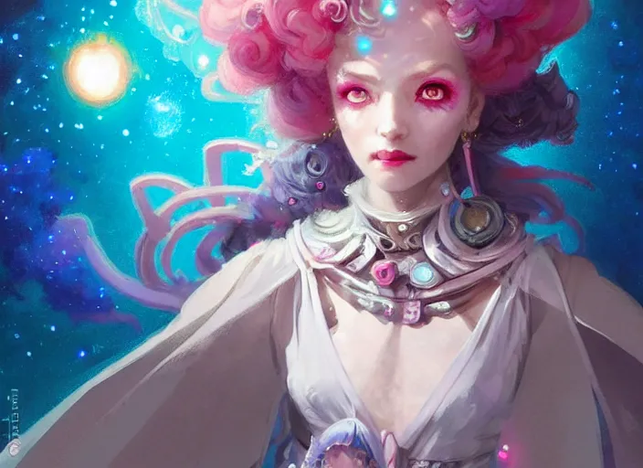 Image similar to close up picture of an maximalist dress magical girl, neat hair, slightly smiling, extremely beautiful and aesthetic and detailed cute face and eyes, wipe out evils with cute astronaut familiar sprites, aming the magics, magical beam, chiaroscuro, intricate, masterpiece, fantasy illustrations by peter mohrbacher and anato finnstark and jeremy lipking