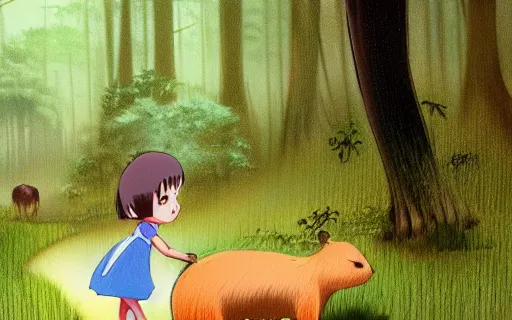 Image similar to a young girl holding an umbrella with her tiny pet capybara walking through the forest, raining, side view, shot from the side, walking to the left, art by hayao miyazaki, studio ghibli film, 4k, hi res, high detail