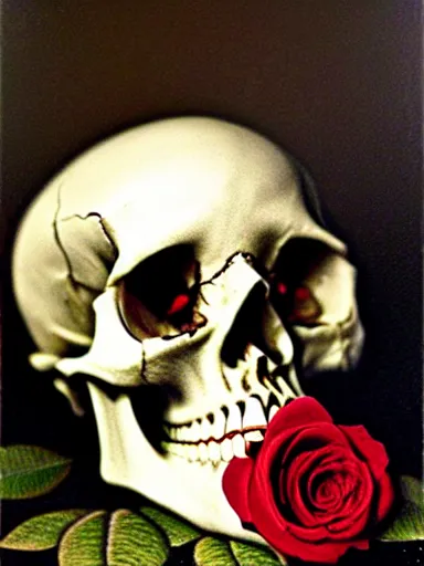 Prompt: still life of a skull, roses and a tarantula