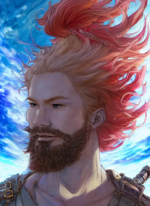 Image similar to prompt : ragnarok online portrait soft light painted by james jean and katsuhiro otomo and erik jones, inspired by akira anime, epic fantasy, a long red haired, red bearded male sky - pirate smirking whilst standing in front of an airship, intricate oil painting, high detail illustration, sharp high detail, manga and anime 1 9 9 9