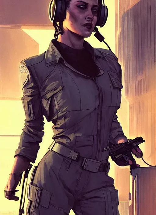 Image similar to Beautiful Ella. Gorgeous female cyberpunk mercenary wearing a cyberpunk headset, military vest, and pilot jumpsuit. gorgeous face. Concept art by James Gurney and Laurie Greasley. Moody Industrial skyline. ArtstationHQ. Realistic Proportions. Creative character design for cyberpunk 2077.