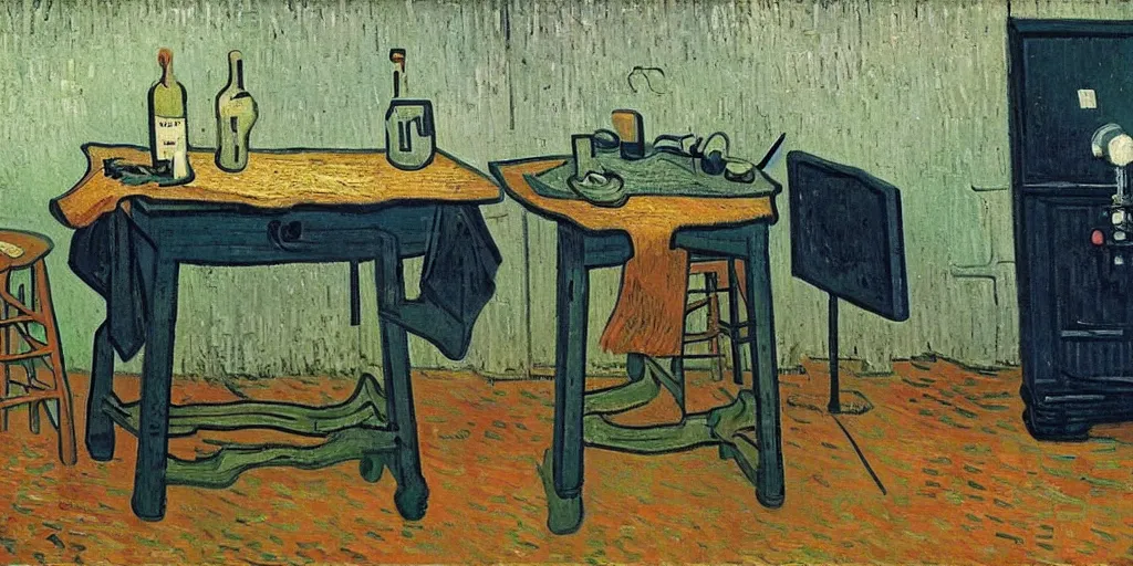 Prompt: An oil painting of a table with a computer on it, by Van Gogh