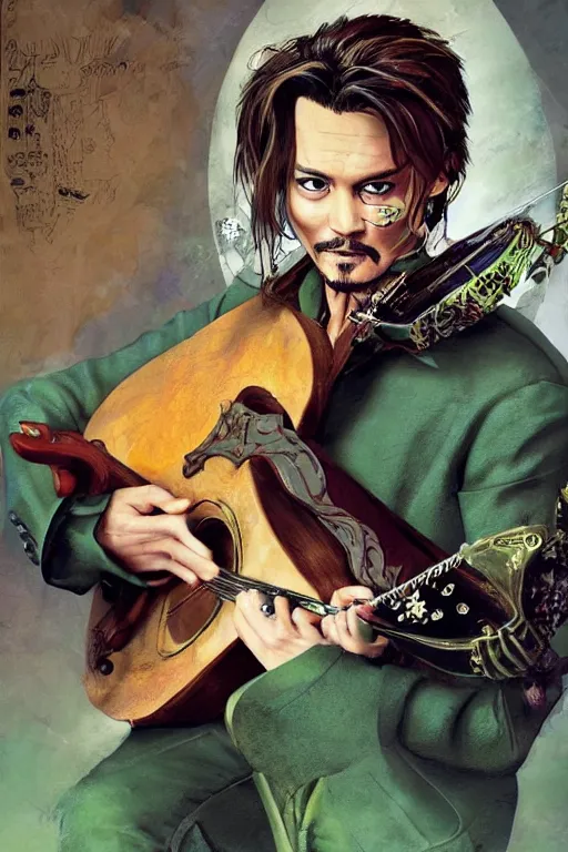 Image similar to Breathtaking comic book style of Johny Depp portrayed as a Dungeons and Dragons bard, playing the lute and wearing a pale green jacket in the style of ilya kuvshinov