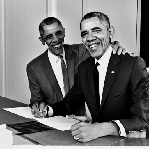 Image similar to Walter White and Barack Obama signing an agreement, 1967 photo