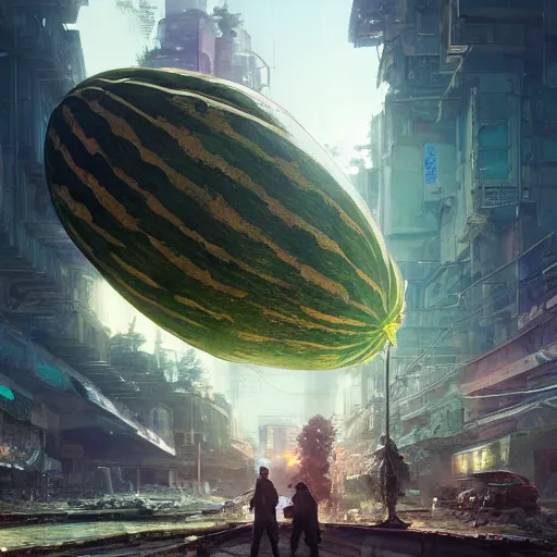 Prompt: Concept Digital Art Highly detailed giant Watermelon warlord protecting Ukrainian city from Orks by Taras Shevchenko and Stephen Hickman and Beeple. Very highly detailed 8K,Pentax 67, Kodak Portra 400 in style of Hiromasa Ogura Ghost in the Shell, the golden ratio, rational painting