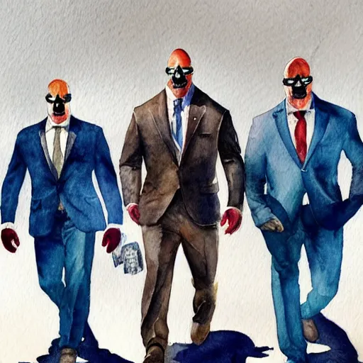 Prompt: A watercolor painting of Dallas from Payday 2, Jerma, JC Denton and Dwayne The Rock Johnson walking down a road. The sun is rising in the back, trending on artstation, very detailed