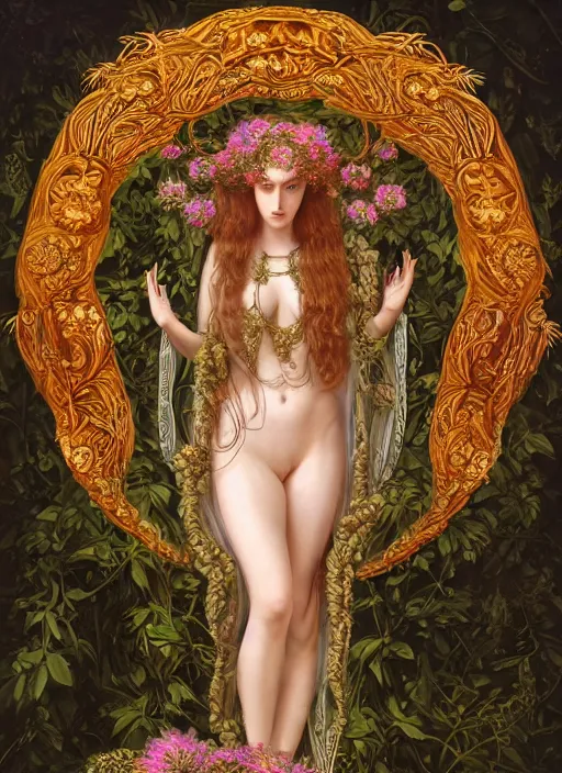 Image similar to ultradetailed ornate pre-raphaelite RPG illustration of beautiful symmetric Medusa radiating glowing aura wearing an art nouveau flowery armor with much decorum and modesty, digital airbrush painting, 3d rim light, hyperrealistic masterpiece, artstation, cgsociety, kodakchrome, golden ratio