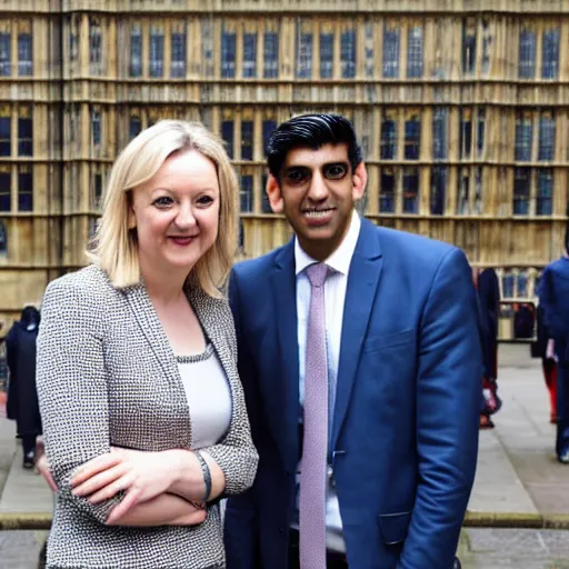 Prompt: Liz truss and Rishi sunak at parliament burning piles of money. Daily Telegraph.