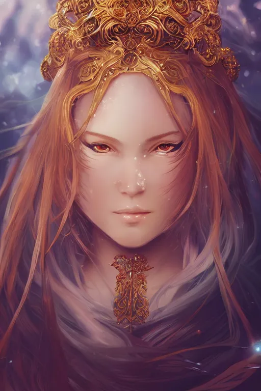 Prompt: portrait of a beautiful anime empress with golden elaborate hair wearing intricate fantasy clothing, perfect face details, symmetry, digital painting, trending on artstation and deviantart, epic composition, vibrant, dynamic, highly detailed, ross draws, wlop, 8 k