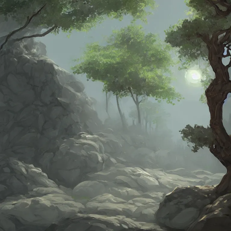 Prompt: a digital painting of some trees and rocks by ilya ostroukhov, trending on artstation, speedpainting, 2 d game art