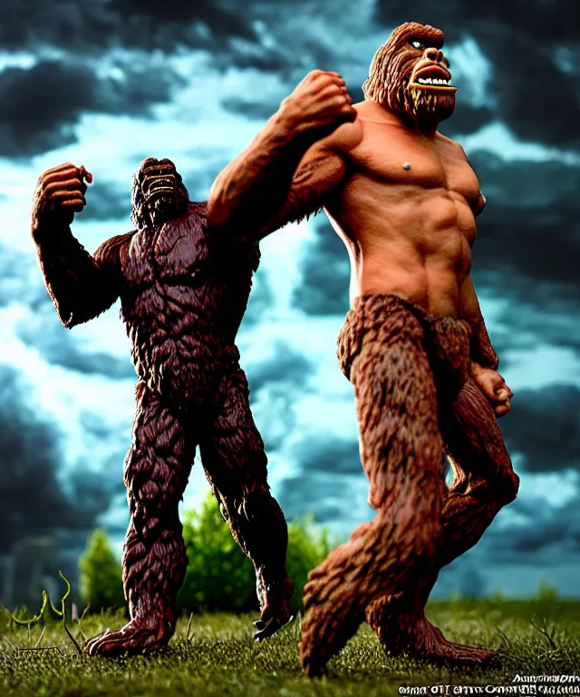 Image similar to hyperrealistic rendering, epic boss battle, bigfoot sasquatch, by art of skinner and richard corben, product photography, collectible action figure, sofubi, hottoys, storm clouds, outside, lightning