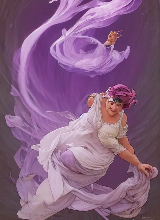 Prompt: madam mim, purple smoke aura in motion, floating pieces, painted art by tsuyoshi nagano, greg rutkowski, artgerm, alphonse mucha, spike painting