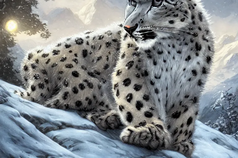 Prompt: Snow leopard on a beautiful fantasy landscape, mountainside, winter, moonlit, HD, illustration, epic, D&D, fantasy, intricate, elegant, highly detailed, digital painting, artstation, concept art, smooth, sharp focus, illustration, wallpaper, art by artgerm and greg rutkowski and alphonse mucha and jin xiaodi
