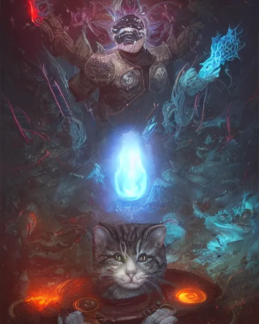 Prompt: Many Cats/Fog Illusion Elementals, glowing eyes, magic the gathering artwork, D&D, fantasy, cinematic lighting, centered, symmetrical, highly detailed, digital painting, artstation, concept art, smooth, sharp focus, illustration, volumetric lighting, epic Composition, 8k, art by Akihiko Yoshida and Greg Rutkowski and Craig Mullins, oil painting, cgsociety