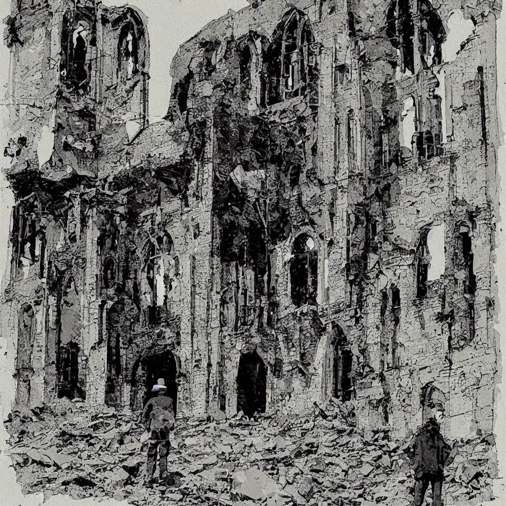 Image similar to lone soldier standing in front of a crumbling ruined church by bill sienkiewicz