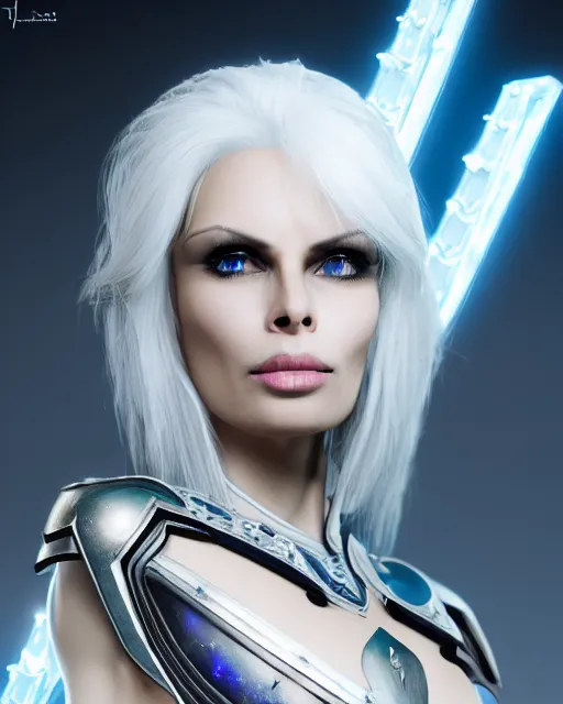 Image similar to perfect white haired attractive egyptian goddess, warframe armor, beautiful, symmetric, dreamy, half asian, pretty face, blue eyes, joanna lumley, detailed, scifi platform, laboratory, experiment, 4 k, ultra realistic, epic lighting, android body, illuminated, cinematic, masterpiece, art by akihito tsukushi, voidstar