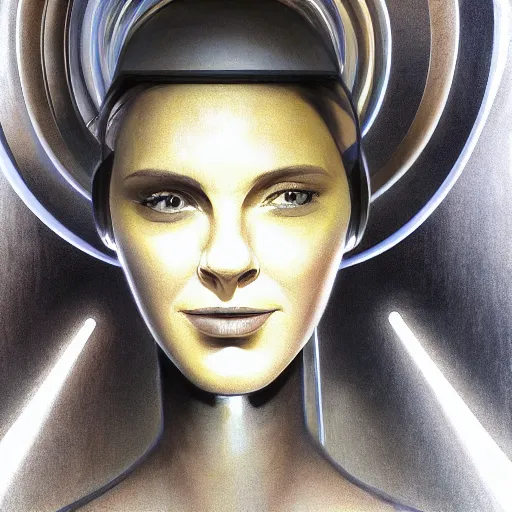 Image similar to detailed face of a woman, clockwork, moment, tectonic sky, skydome, bullet train, turbines, utopian, tech noir, wet reflections, prism, atmospheric, ambient, pj crook, syd mead, livia prima, emma uber, edward hopper