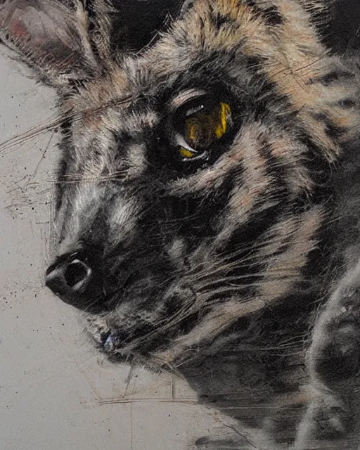 Prompt: striped hyena closeup art by guy denning,