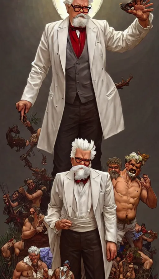 Image similar to a full body portrait of colonel sanders the greek god!! surrounded by evil starving hillbillies!!! extremely beautiful, anatomically accurate, by artgerm and by greg rutkowski and by alphonse mucha and by simon bisley, radiant light, detailed and intricate environment,