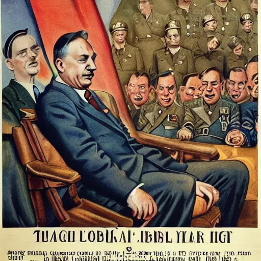 Image similar to hungarian prime minister viktor orban sits on hitler's lap, nazi germany propaganda poster art 1 9 4 4, highly detailed, colored