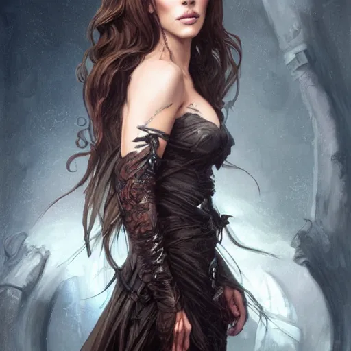 Image similar to portrait of a kate beckinsale as a vampire queen, upper body, fantasy, intricate, elegant, highly detailed, digital painting, artstation, concept art, matte, sharp focus, illustration, art by Artgerm and Greg Rutkowski and Alphonse Mucha