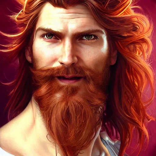 Image similar to portrait of a young ruggedly handsome but joyful pirate, male, masculine, upper body, red crimson crimson hair, long long flowing hair, fantasy, very smug smirk, intricate, elegant, highly detailed, digital painting, artstation, concept art, matte, sharp focus, illustration, art by artgerm and greg rutkowski and alphonse mucha