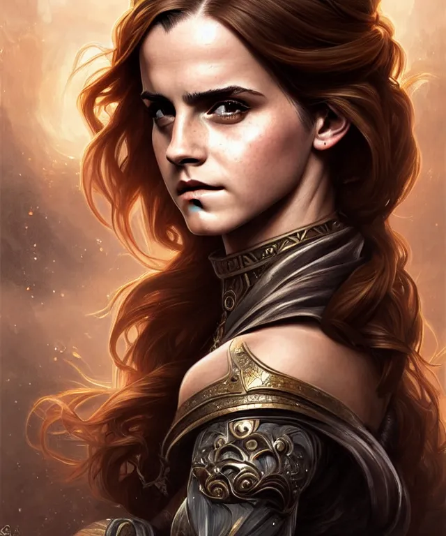 Prompt: Emma watson Muscular and powerful medieval noble woman portrait, sci-fi, amber eyes, face, long hair, fantasy, intricate, elegant, highly detailed, digital painting, artstation, concept art, smooth, sharp focus,8k, illustration, art by artgerm and greg rutkowski and alphonse mucha