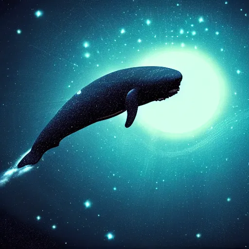 Image similar to portrait of space whale swimming on a dark night sky in space, flying across the universe, oniric, dreamy, beautiful, highly detailed, realistic, cinematic, dynamic composition