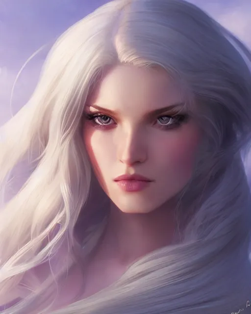 Prompt: a beautiful female cleric, ethereal, dreamy, backlit, silky white hair, realistic face, realistic lighting, sharp focus, hair in the wind, rule of thirds, by artgerm, wlop, rossdraws, frank frazetta, andrei riabovitchev, trending on artstation, hd, 4 k, fantasy