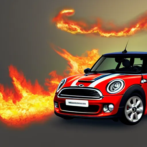 Prompt: a mini cooper ramping over a flaming bridge, digital art