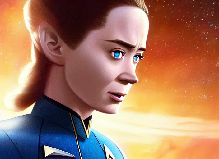 Image similar to a disney film still of emily blunt as a star trek officer, finely detailed features, closeup of the face, perfect art, dusk, blue hour, gapmoe yandere grimdark, trending on pixiv fanbox, painted by greg rutkowski, makoto shinkai, takashi takeuchi, alphonse mucha, akihiko yoshida